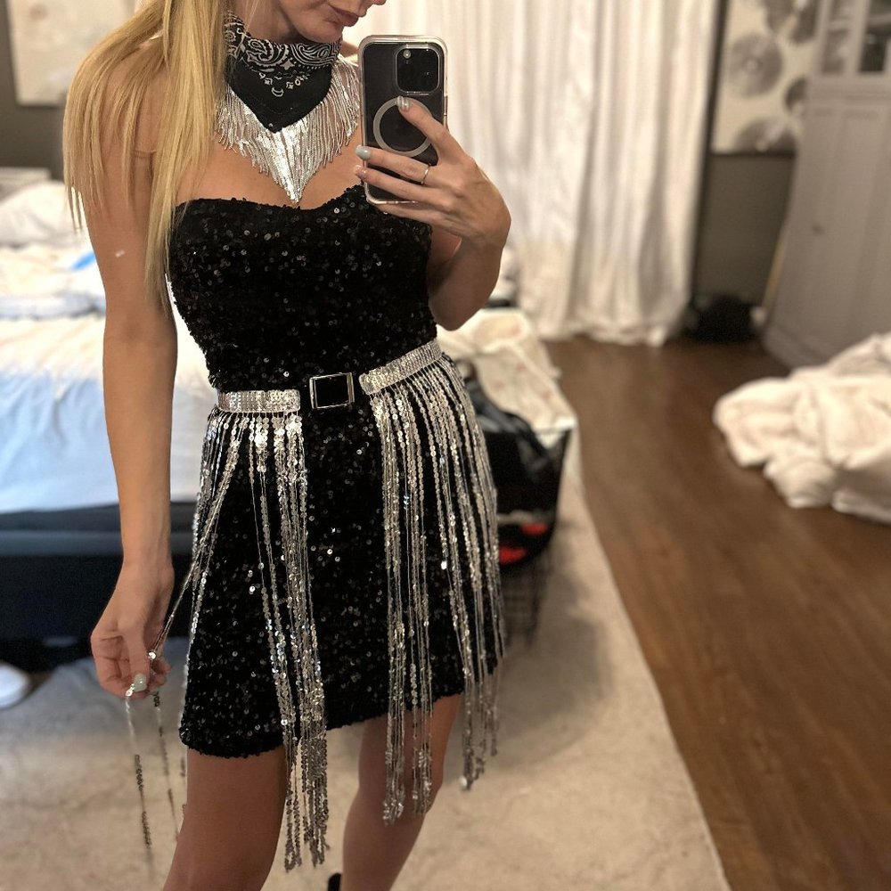 Valentina Black Sequin Dress with Silver Fringe Belt and Bandana